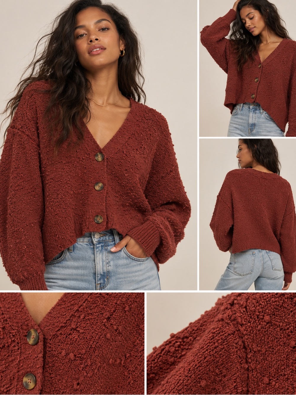 Free People V-Neck Button Cardigan Sweater - Rust Brown